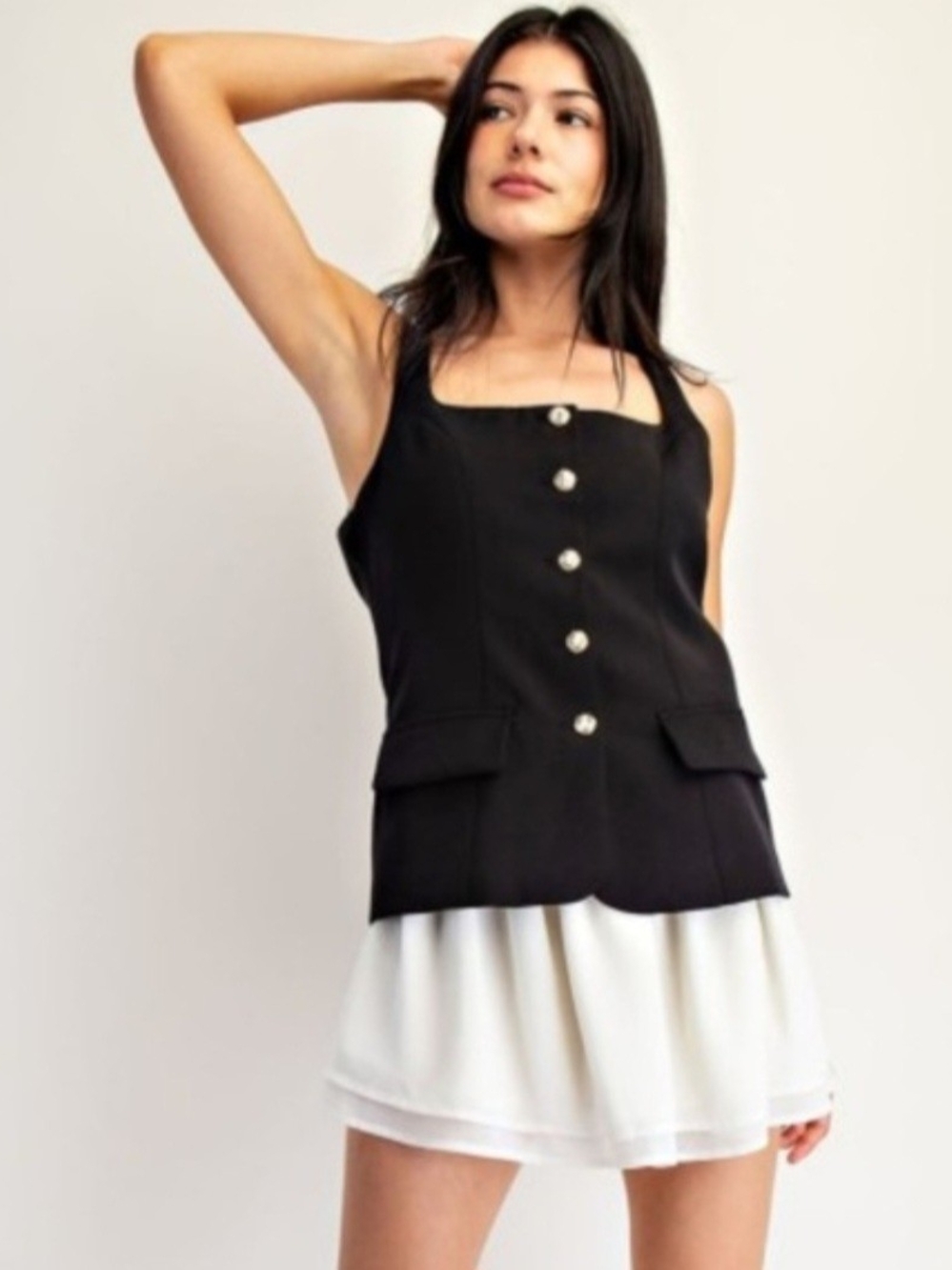 Black & Cream Sleeveless Button Up Dress